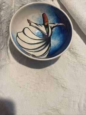 Hand-Painted Blue & White Whirling Dervish Decorative Bowl 3” High 6” Across
